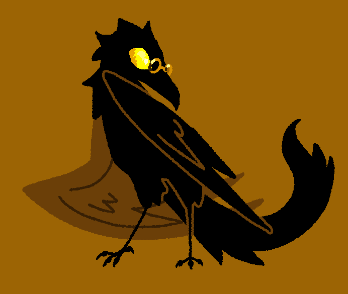 A digital drawing of a crow. He has yellow eyes and golden glasses