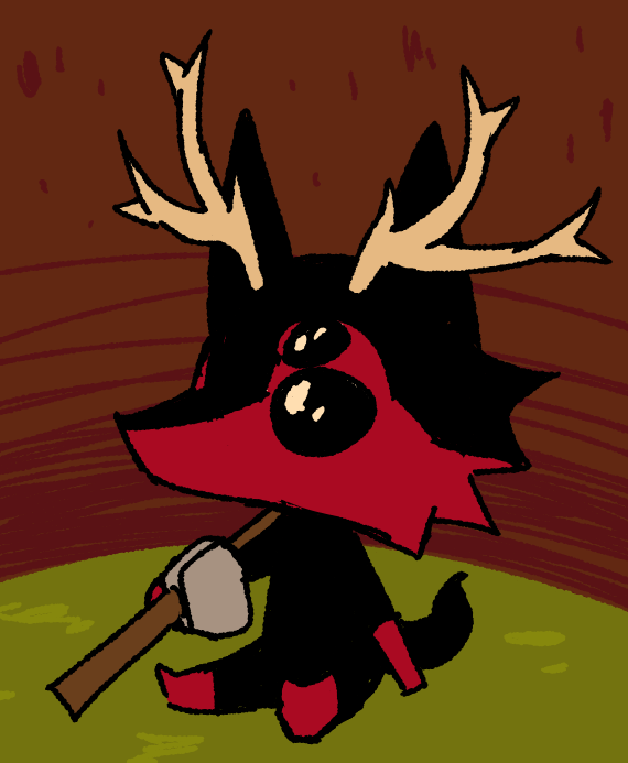 A drawing of an avatar from the game webfishing holding a fishing rod. It is a chibi style anthro wolf with black and red fur, four eyes, and antlers.