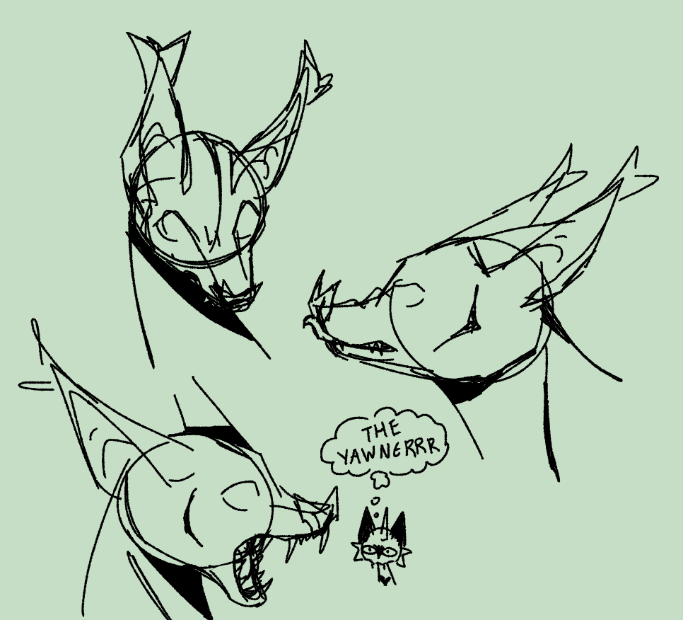 Three bust sketches of a hairless animal with no eyes, a flat nose, big ears, and tufts of fur at the tips of those ears. In the first sketch her head is angled down and her ears are pointed forward. In in the second sketch she is snarling and her tonuge is licking her nose. In the third sketch she is yawning and behind her is a cat-like creature with a single horn thinking 'the yawner'