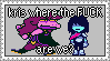 A stamp of Kris and Susie's sprites from Deltarune, with Susie's sprite being stretched and confused. It has the text kris where the fuck are we with fuck being in all caps.