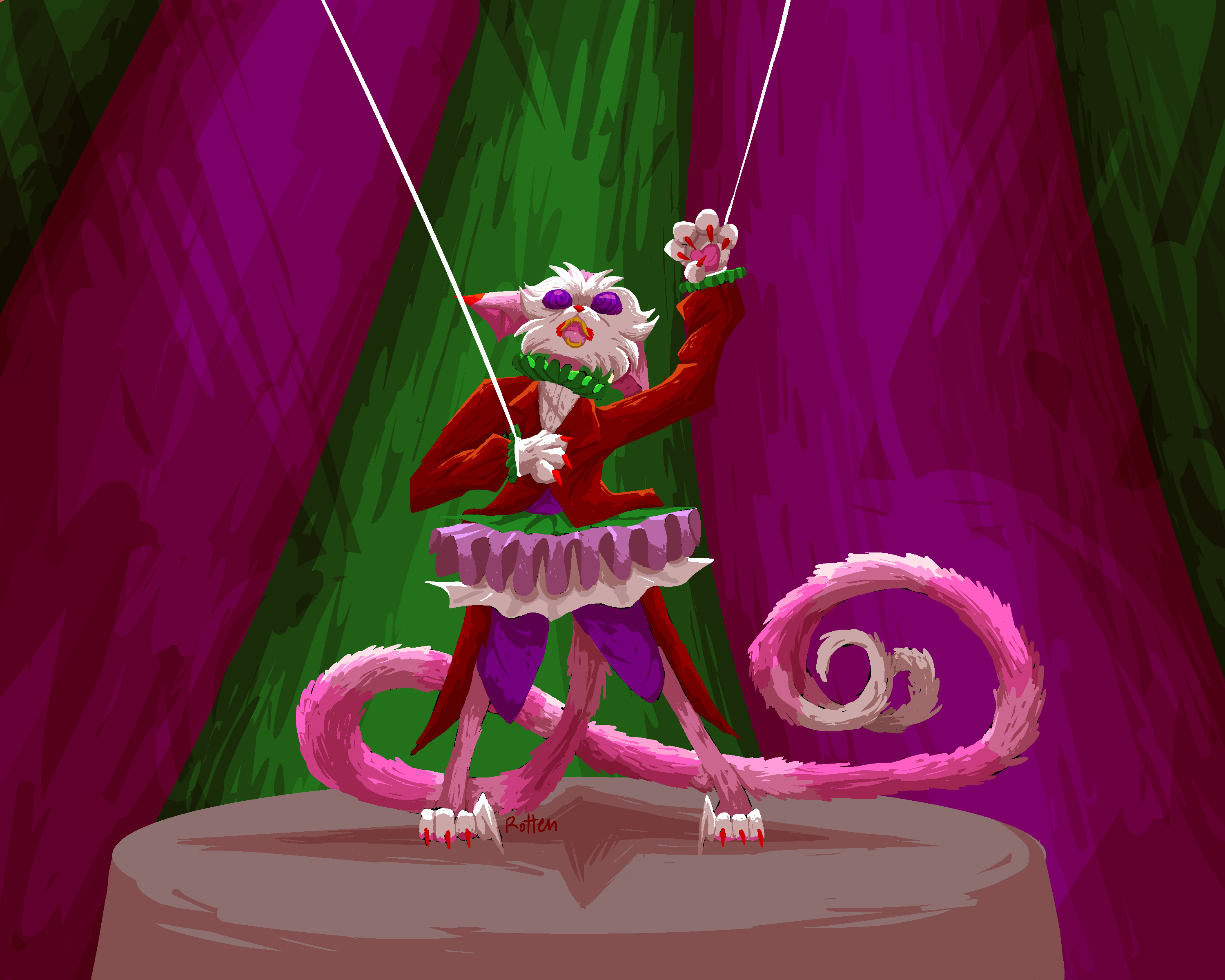 a digital drawing of a pink creature on two legs in a clown outfit. one arm is stretched upward and strings are attatched tied to its wrists. it looks distressed. it has spiral eyes and its tail is forked. the background is a circus tent.