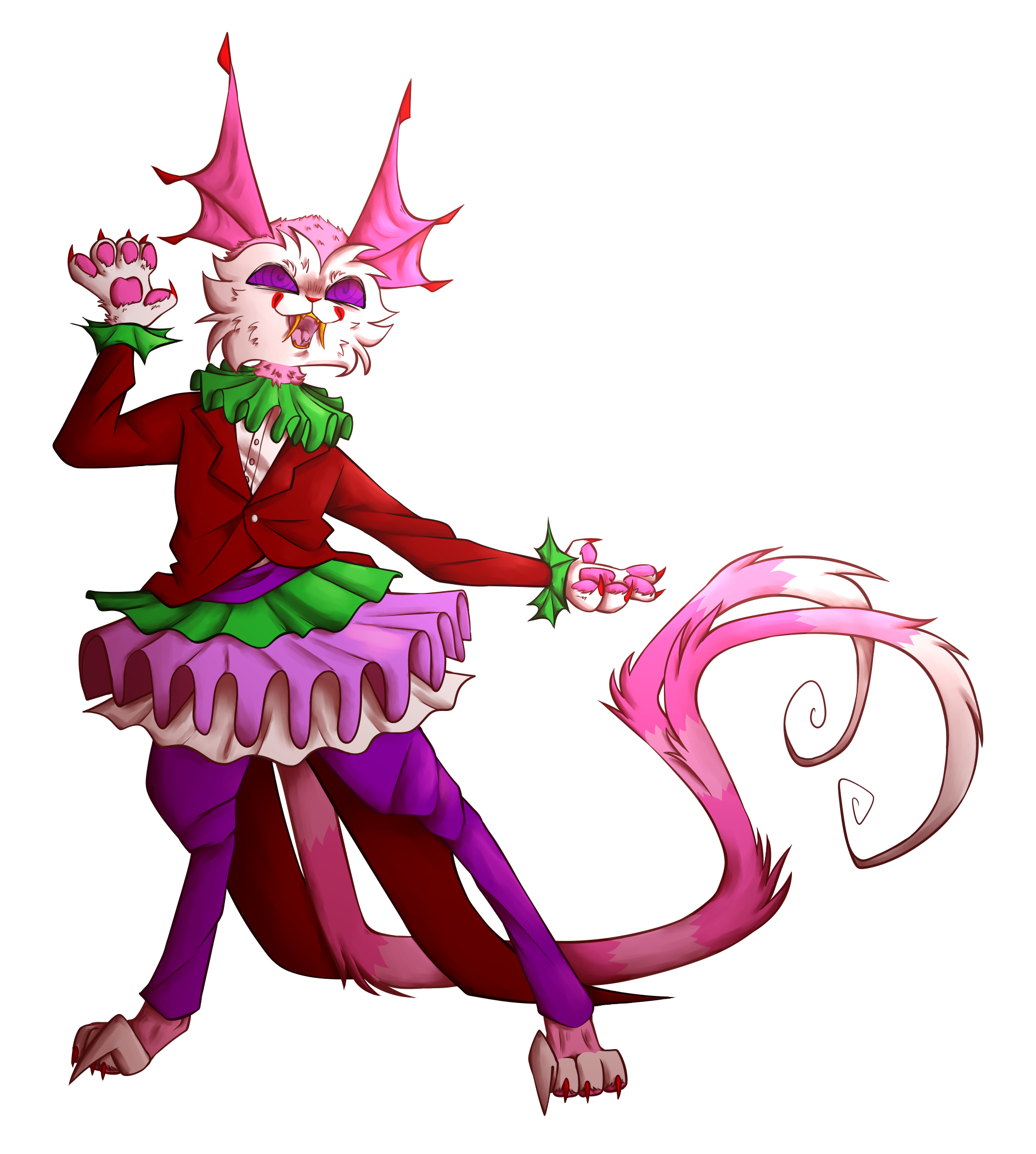 a transparent digital drawing of a pink creature with webbed ears, spiral eyes and long fangs. it is standing on two legs and its arms are stretched out, with the left one near the side of its face and the other reaching out. it is wearing a tailcoat and a tutu.