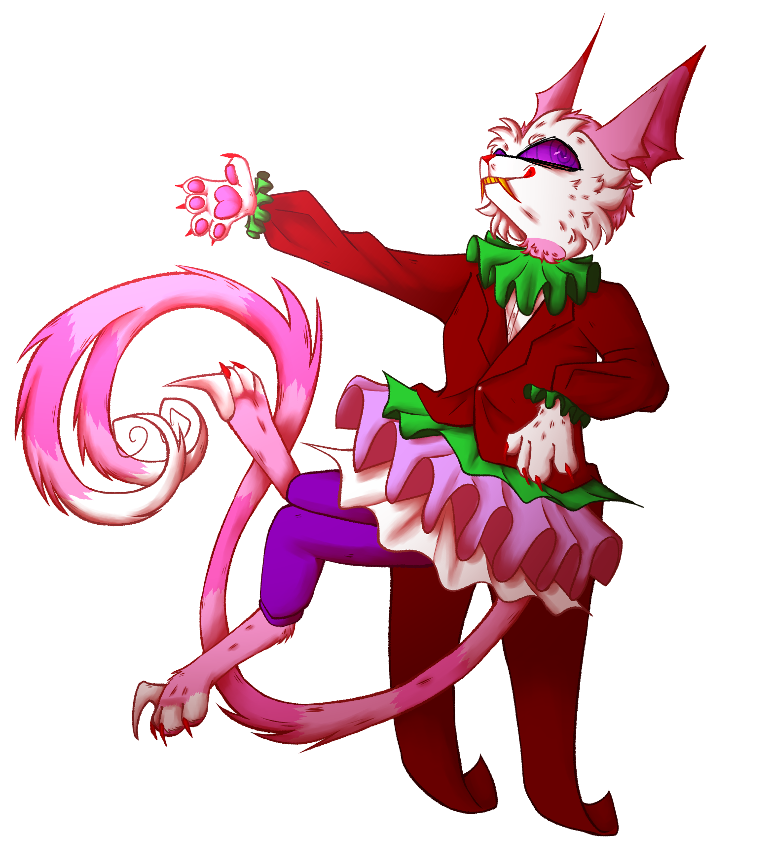 a transparent digital drawing of a pink creature wearing a clown outfit. one leg is crossed over the other and one arm is propped up against an invisible ledge. the other arm is stretched out.