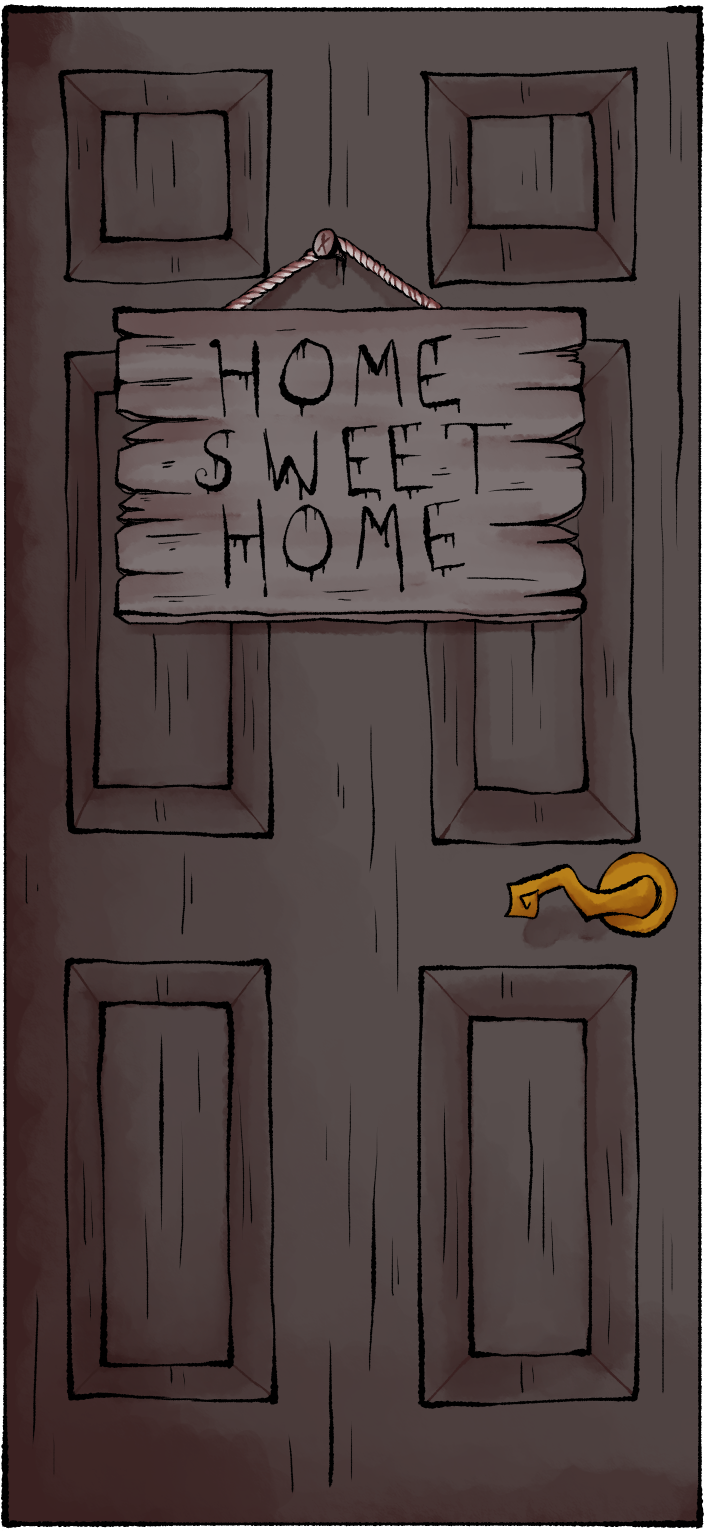 Art of a door with a wooden sign that says home sweet home.