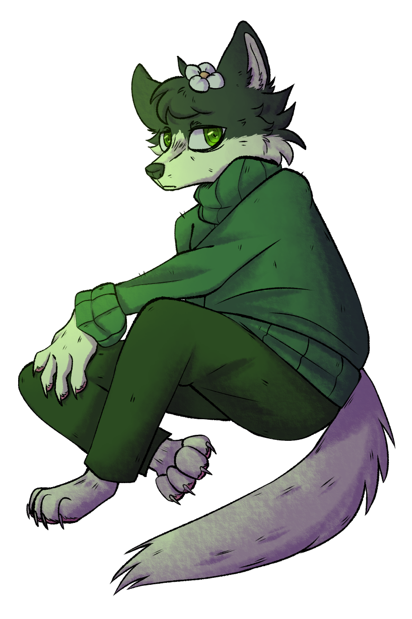 A digital drawing of an anthro wolf sitting with one leg bend and the other bent slightly beneath the other. One arm is resting on the bent knee and the other arm is obscured. He has a flower tucked behind one ear and is wearing a heavy sweater.