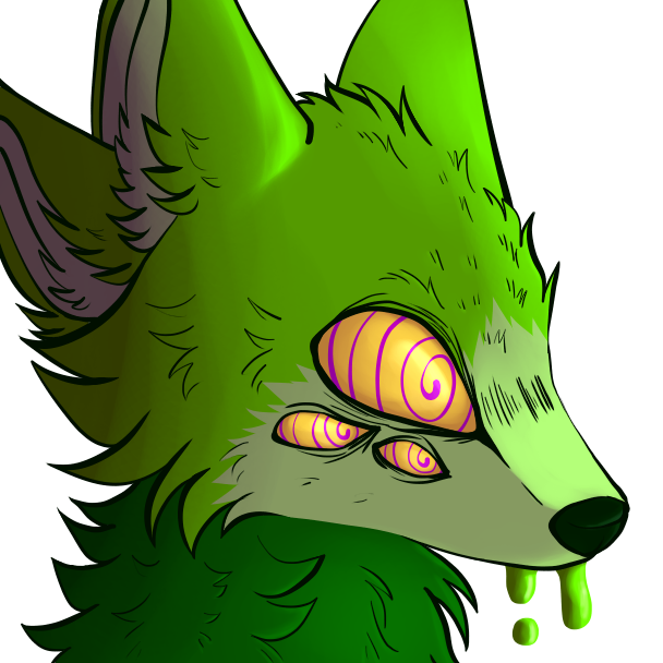 A digital drawing of a jackal facing slightly alway from the viewer. They have an extra ear, two extra eyes, and is drooling green goop.