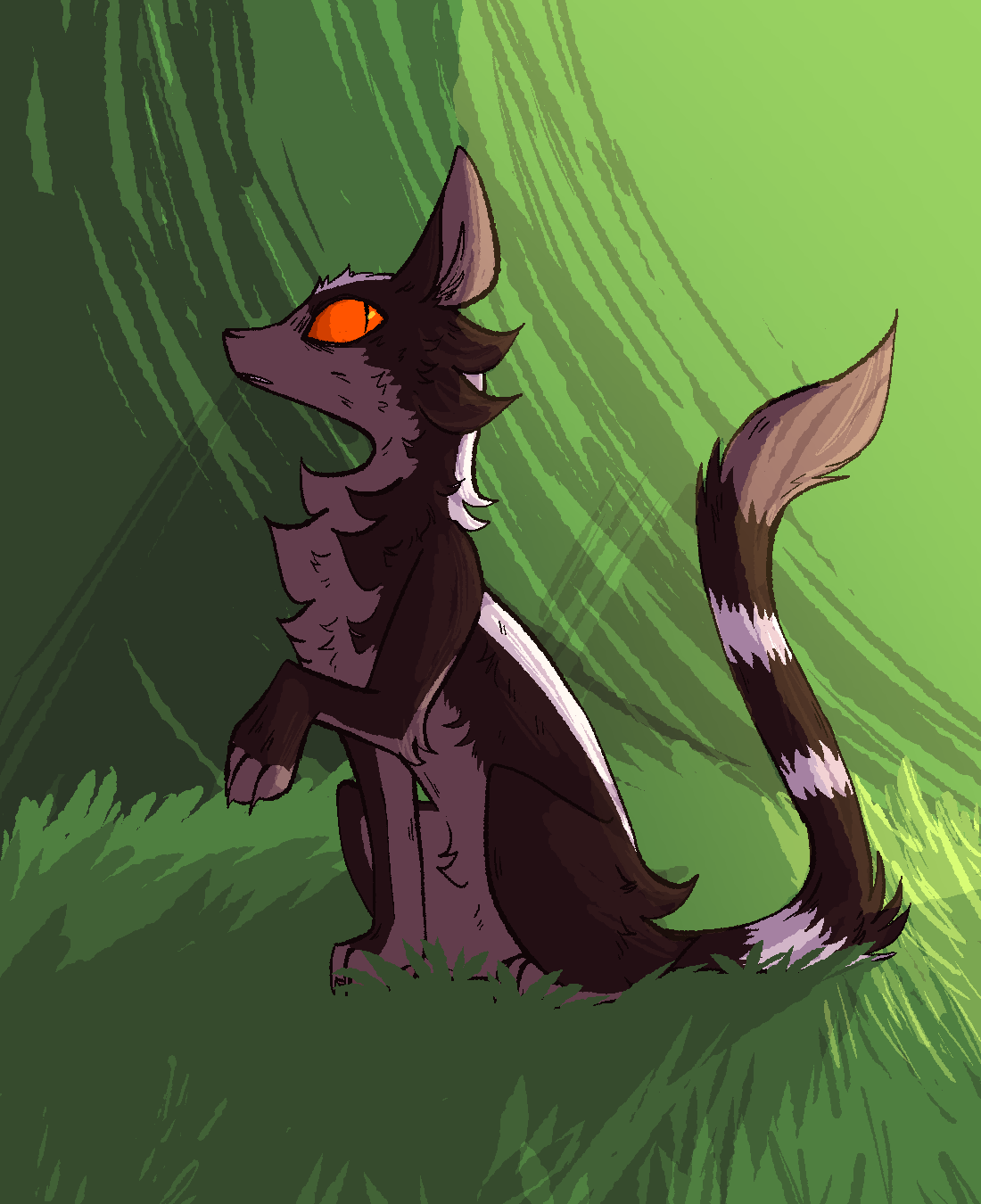 A digital drawing of a shorthair domestic cat sitting with her tail held high.