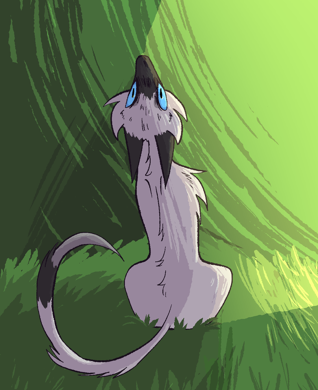 A digital drawing of a shorthair domestic cat sitting with her back to the viewer while she bends her head back to look at the viewer.