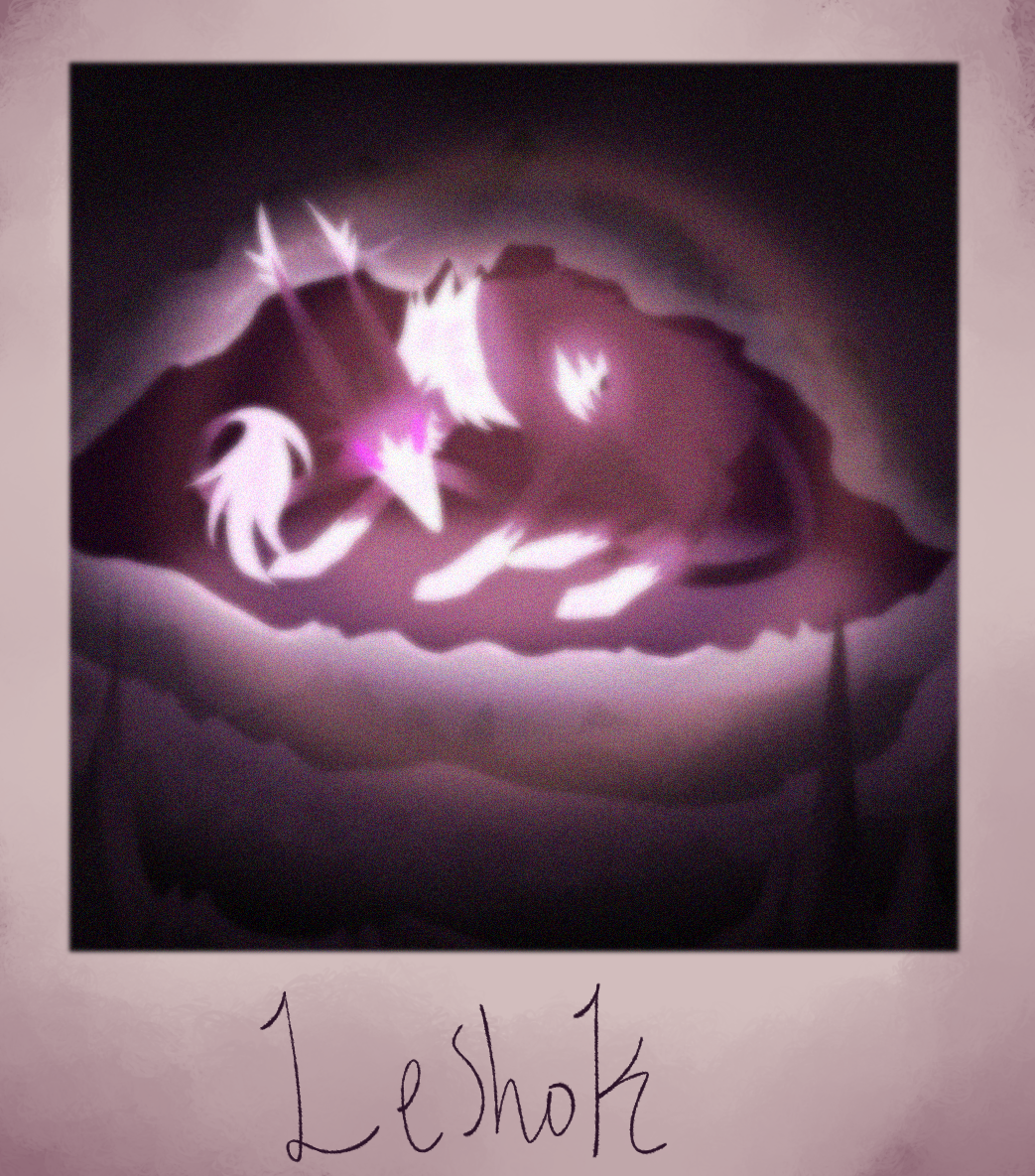 A digital drawing made to look like a polaroid of a black creature with glowing markings hunched on all fours in a cave.