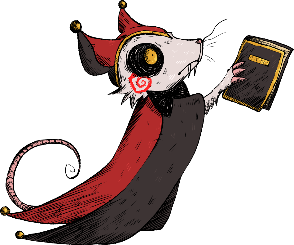 A drawing of a white rat dressed as a jester holding a book up as if to put it back on the shelf.