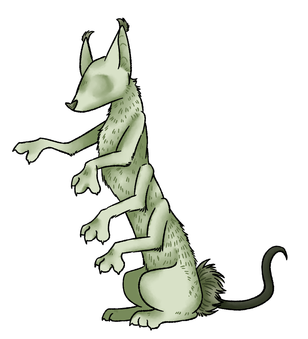 A eight legged creature with small tufts of fur at the end of her ears, an upturned bat-like nose, a furless tail, and a large tuft of fur at the base of her tail. She has no eyes.