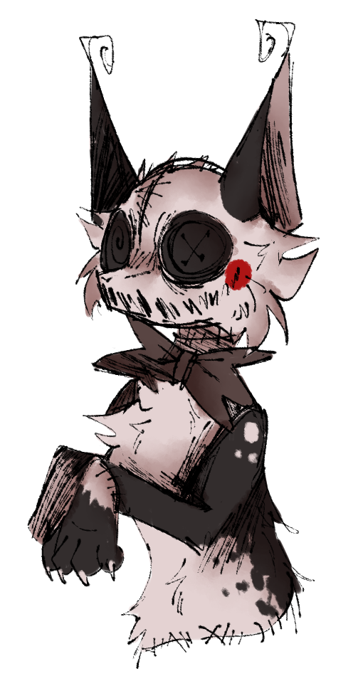 Messy digital art of a cat-like creature with one button eye and a stitched on smile. There are also stitches down their forhead and around their neck. They are wearing a tattered bowtie and are holding their paws in front of their chest.