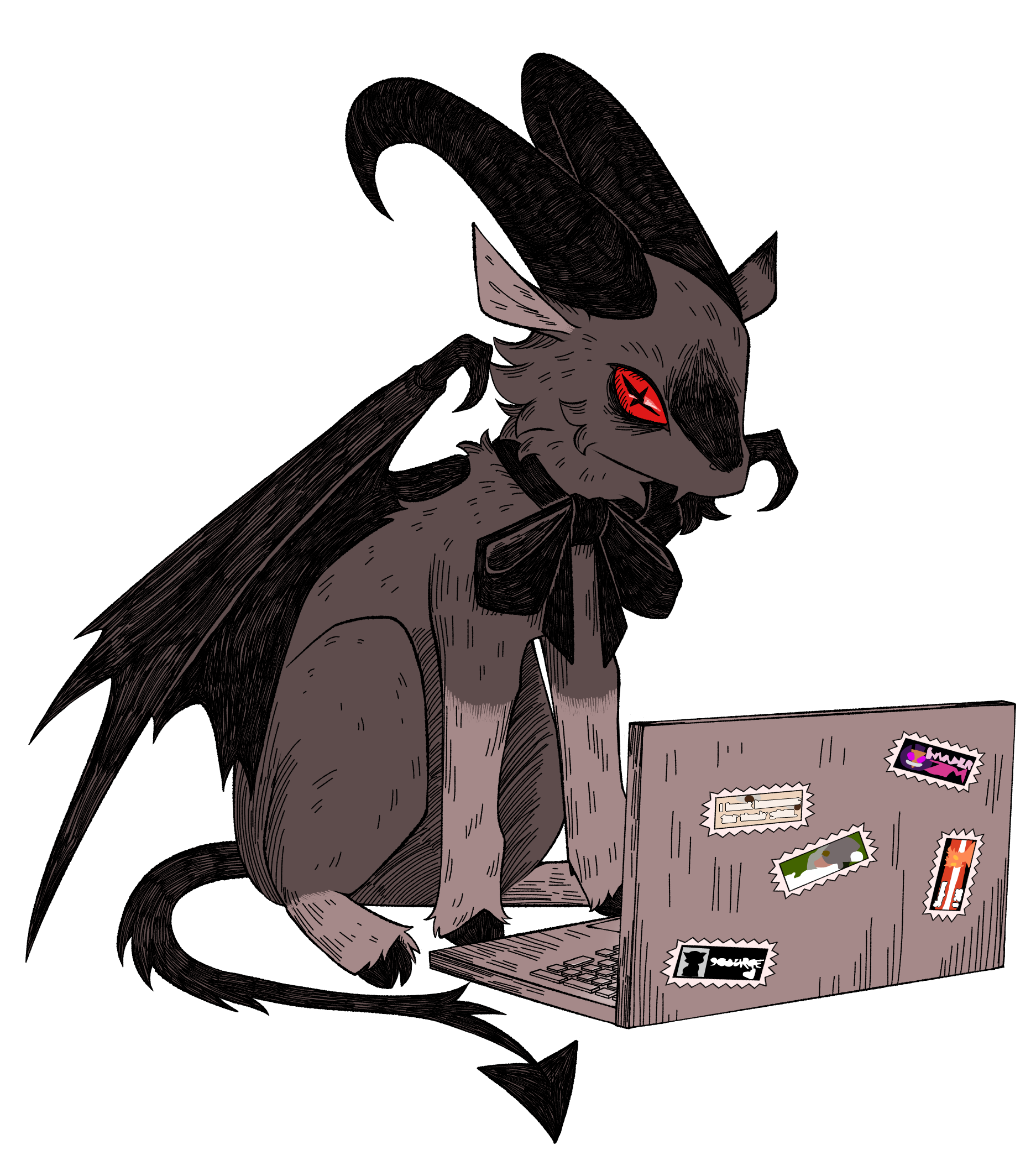 A digital drawing of a baby goat on a laptop. The goat has large horns, bat wings, and a spaded tail. It is wearing a big bow. There are stickers on the back of the laptop