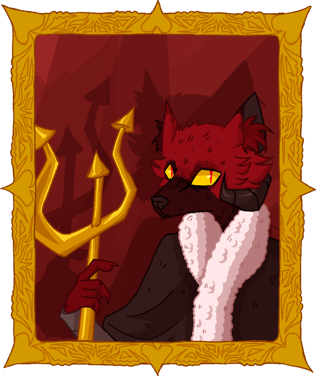 A digital drawing of an anthro wolf from torso up who has a ram horn, is wearing a cape lined with fluff, and holding a trident. The picture is framed by an intricate gold frame which is also clearly drawn.