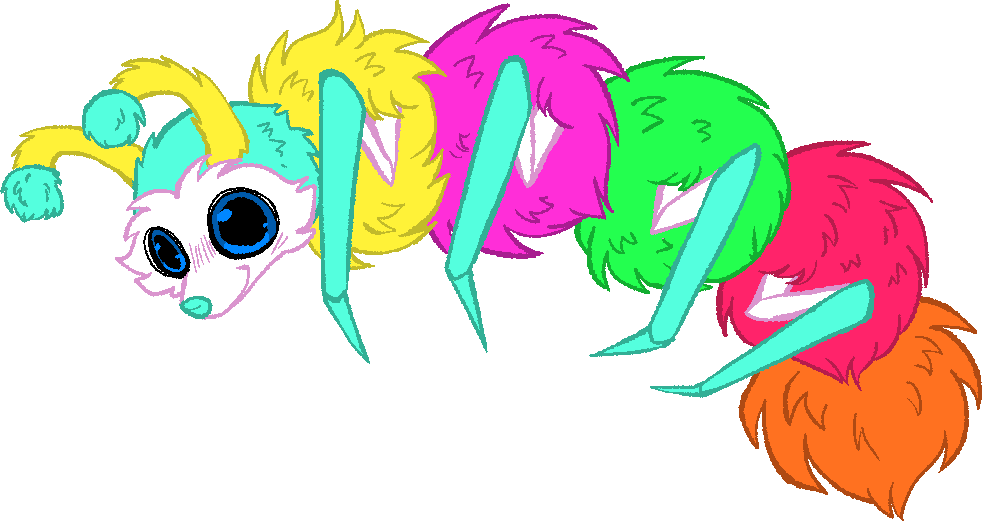 a drawing of Loom, a fluffy rainbow caterpillar.
