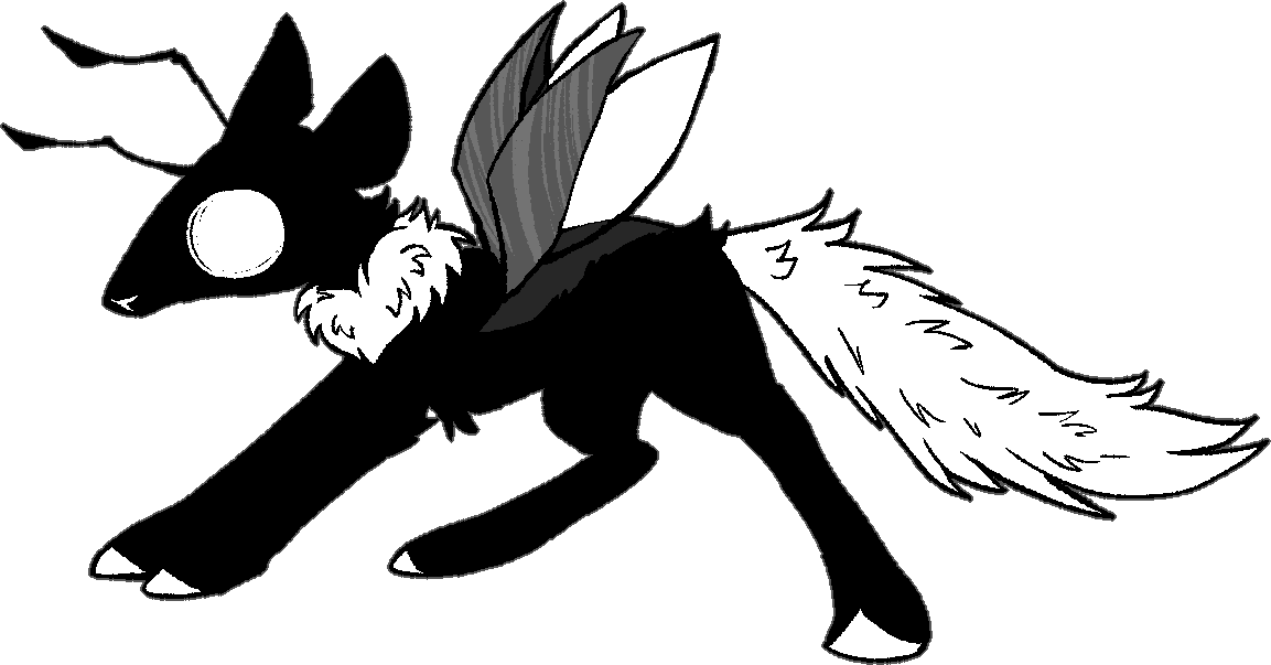 a drawing of Mazgomoth, a black equine creature with antenna and white fluff around its neck. Its tail is also white and fluffy and it has a beetle shell and wings.