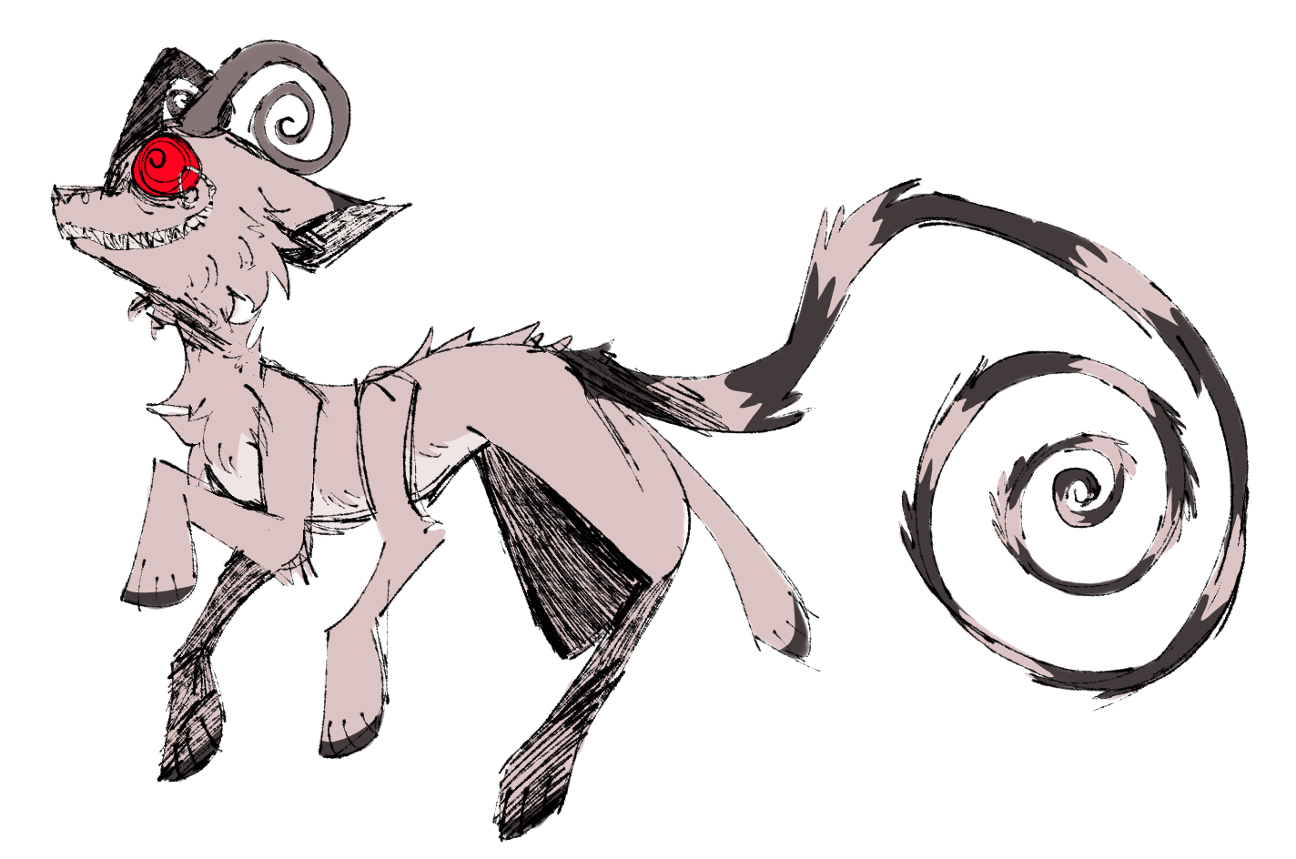 Messy digital art of a wolf-like creature with spiraling horns, very sharp teeth, and six legs. It's smile curls into anothe spiral.