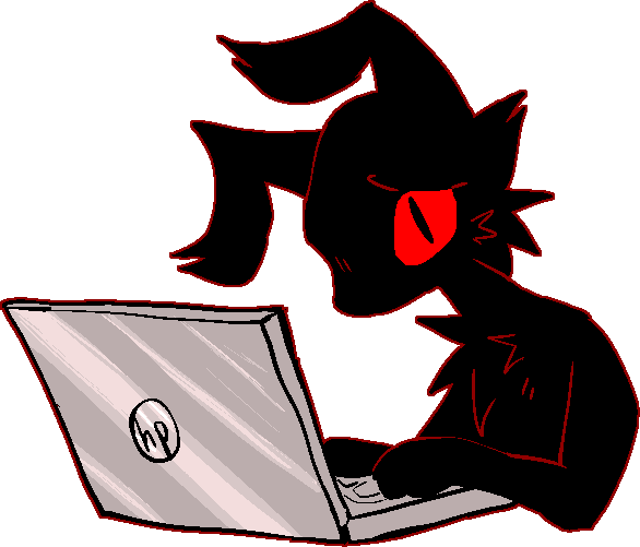 A digital drawing of a scruffy black creature from the waist up with worried eyes with its front paws on the keyboard of a laptop.
