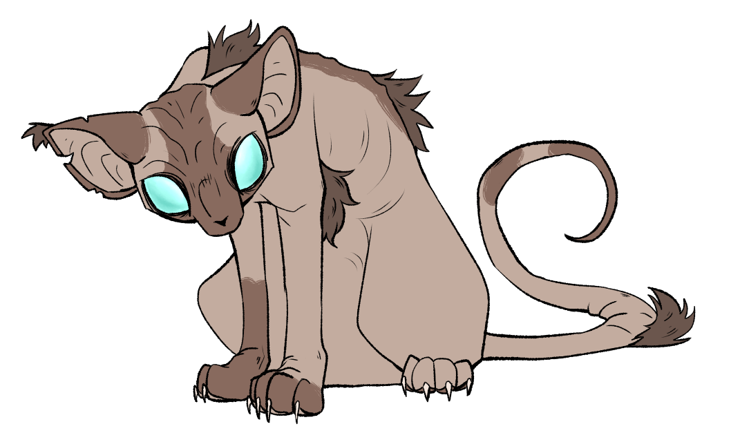 a transparent digital drawing of Rock, a character from Warrior Cats. He is a mostly hairless cat with tufts of fur in random places and blue eyes.