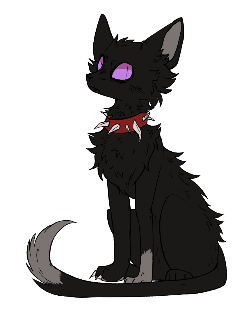 a transparent digital drawing of Scourge, a character from Warrior Cats. He is a small black cat with one white paw and a white tipped tail. His eyes are pale purple and he has a red collar with dog teeth stabbed through it.